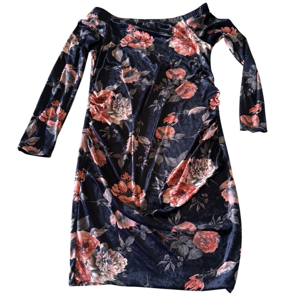 Pinkblush Navy Velvet Maternity Long Sleeve Floral Bodycon Dress with Pink Roses